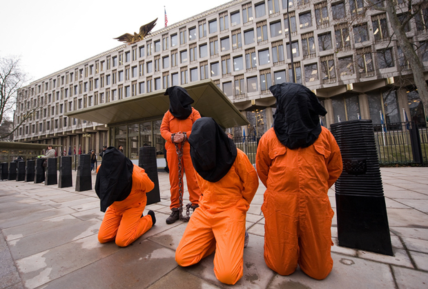 Activists protest over the treatment of detainees at Guantanamo Bay protest outside the US embassy in London (AFP)