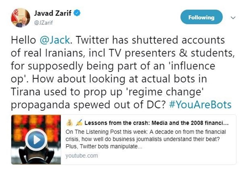Zarif Slams Twitter’s Move to Remove Accounts of Iranians