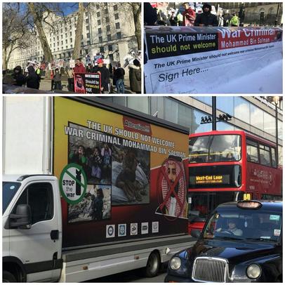 تصاویر مربوط به اعتراض مردم انگلستان به سفر محمد بن سلمان مقابل دفتر نخست وزیری این کشور