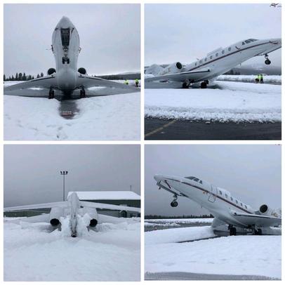 بارش شدید برف در روز چهارشنبه در یکی از فرودگا‌های کالیفرنیا تا حدی بود که باعث شد وزن برف بر روی بال، هواپیما را به سمت پایین نگهدارد.