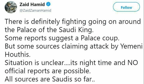 Heavy Gunfire Ongoing Around Saudi King's Palace