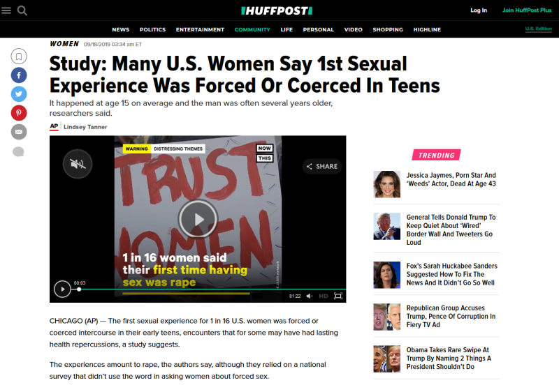 هافینگتون‌پست: اولین تجربه جنسی بسیاری از زنان در آمریکا «تجاوز» است!