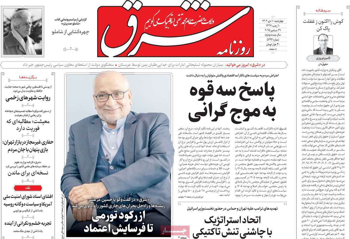 مروری بر یادداشت روزنامههای چهارشنبه ۱۰ دی ماه ۱۴۰۴ مروری بر یادداشت روزنامههای چهارشنبه ۱۰ دی ماه ۱۴۰۴