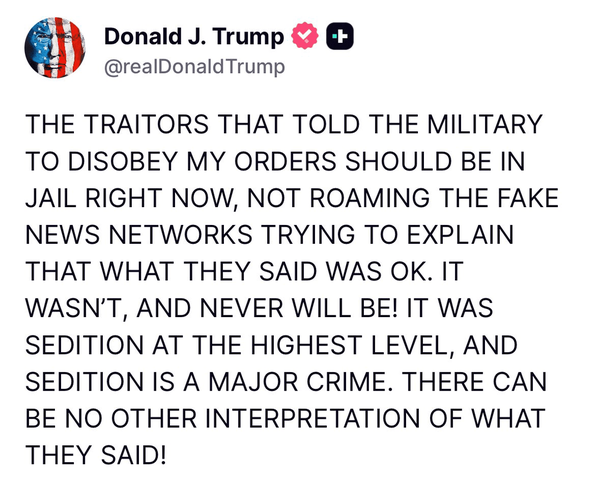 ترامپ خواستار زندانی شدن ۶ سناتور و نماینده کنگره شد