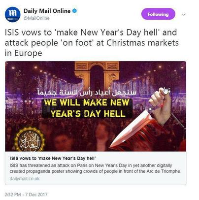 داعش تهديد کرد:
روز کريسمس را به روز جهنم تبديل مي کنیم.
هشدار داعش به فروشگاه هاي لوازم و تجهيزات جشن کريسمس