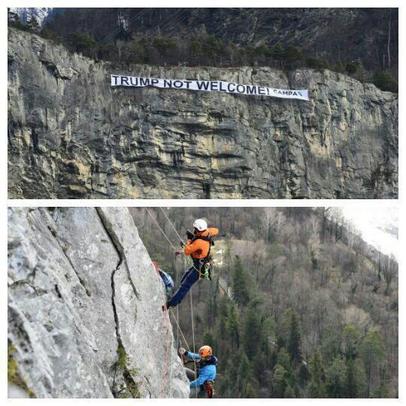 ابتکار جالب برای اعتراض به سفر ترامپ به سوئیس/ گروهی ۷نفره از کوهنوردان سوئیسی درکوه‌های الهورن سوئیس یک پرچم ۶۰متری با پیام 'ترامپ ازت استقبال نمی‌کنیم' روی صخره کوه آویزان کردند.
