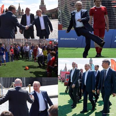 تصاویری از پا‌ به‌ توپ شدن پوتین و اینفانتینو با کت‌وشلوار در پارک فوتبال مسکو.
