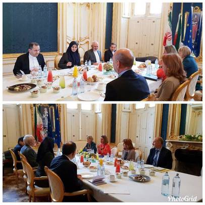 وزیر امور خارجه ایران و هماهنگ کننده عالی سیاست خارجی اتحادیه اروپا پیش از برگزاری نشست مشترک وزرای خارجه عضو برجام در یک صبحانه کاری شرکت و گفتگو کردند.