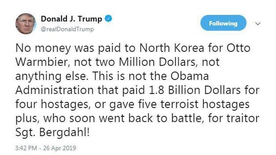 «هیچ پولی برای آزادی اوتو وامبایر به کره شمالی پرداخت نشد، نه تنها دو میلیون دلار بلکه هیچ پرداختی انجام نشد. این دولت اوباما نیست که برای چهار گروگان ۱.۸ میلیارد دلار پرداخت کند.
