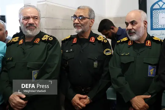 سردار محمد کرمی فرمانده نیروی زمینی سپاه، سردار قاسم رضایی جانشین فرمانده کل انتظامی کشور و سردار علی فدوی جانشین سابق فرمانده کل سپاه در مراسم بزرگداشت سپهبد شهید محمد پاکپور
